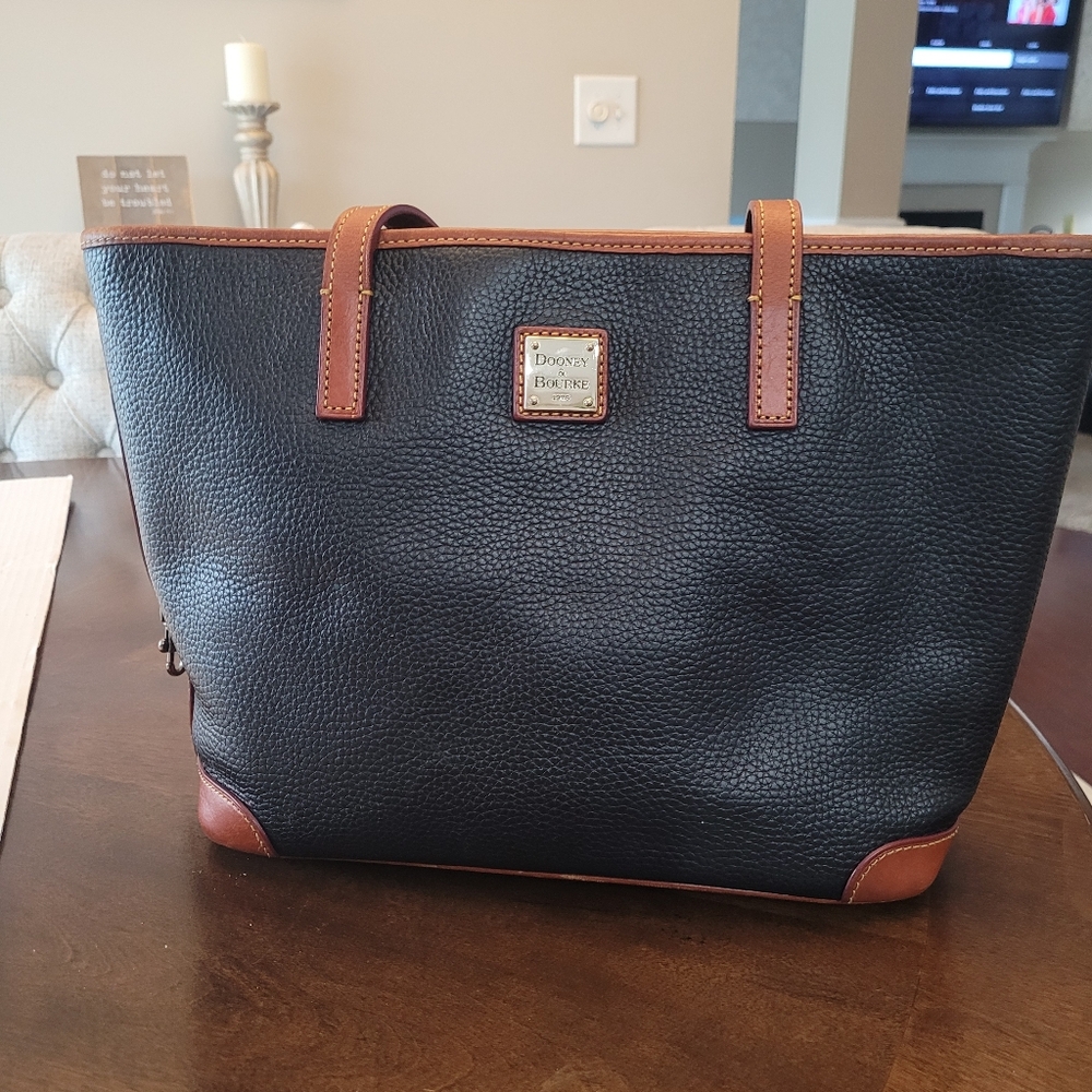 Dooney & Bourke Black Pebbled Leather Tote with Brown Trim